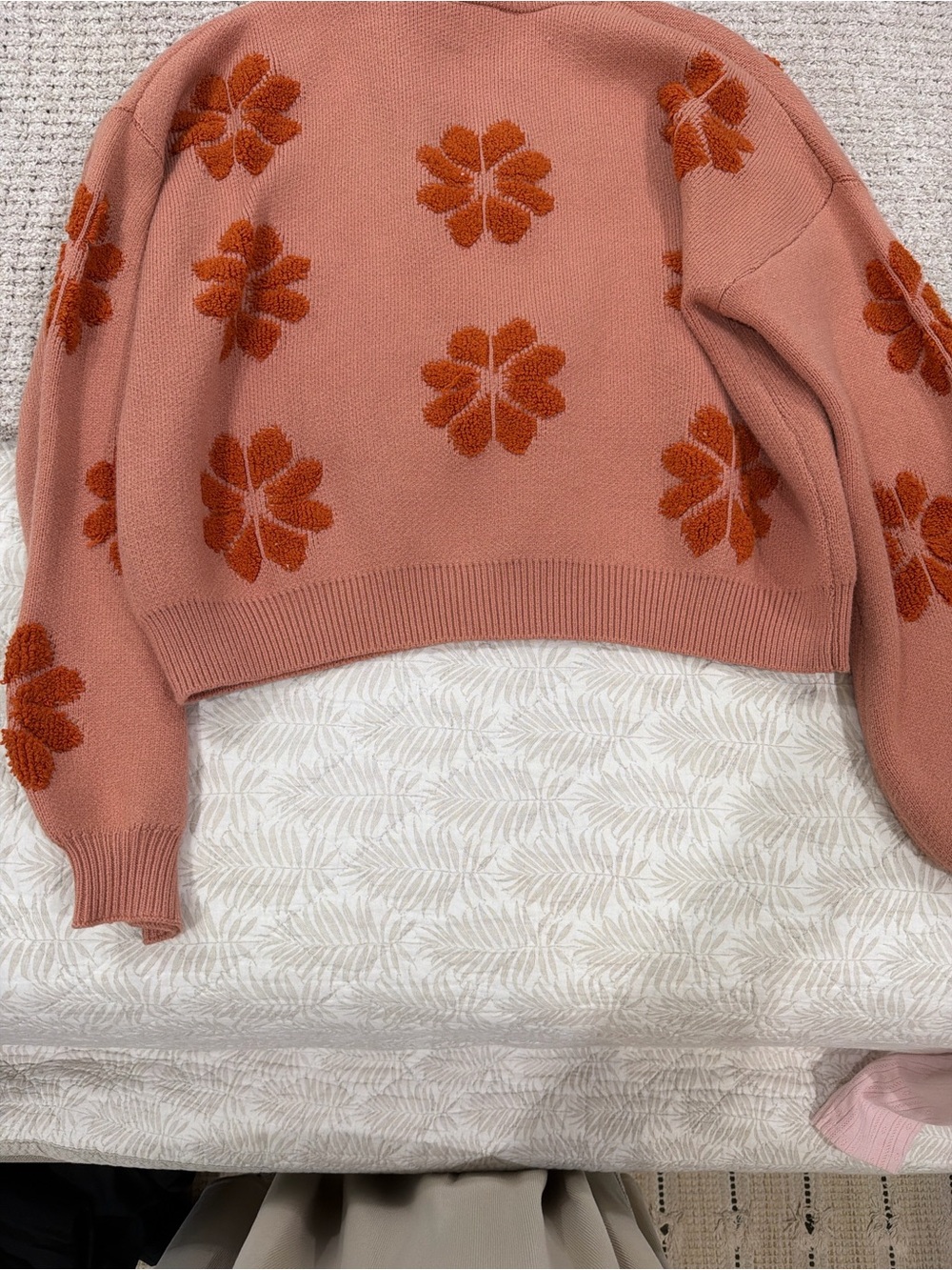 Simply Southern Coral Pink Crewneck Sweater with Orange Floral Appliqués - Picture 4 of 6